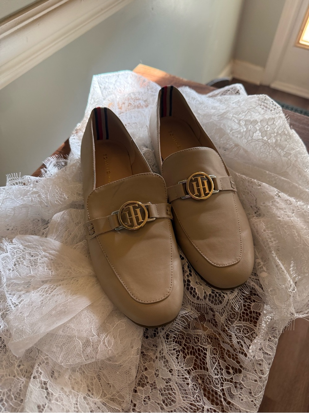 Tommy Hilfiger Taupe Leather Loafers with Gold TH Emblem
